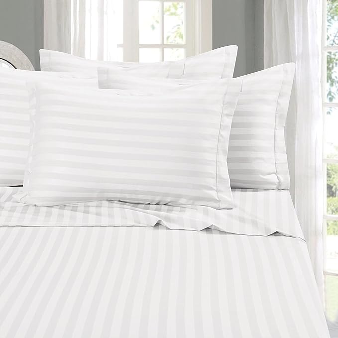 Elegant Comfort Best, Softest, Coziest 6-Piece Sheet Sets! - 1500 Premier Hotel Quality Luxurious Wrinkle Resistant 6-Piece Damask Stripe Bed Sheet Set, California King White