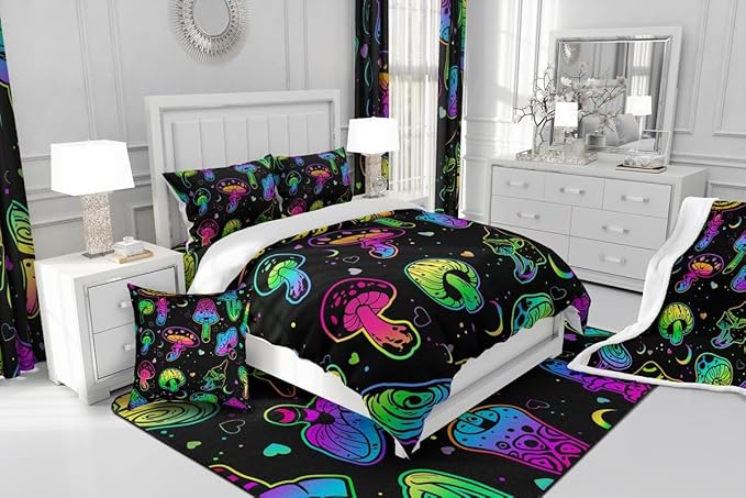 Erosebridal Mushroom Comforter Set Twin Kawaii Trippy Bedding Psychedelic Botanical Plants Down for Kids Girls Boys Teens Rainbow Fungus Duvet Cute Quilt (CMHS3028XXY-BZ_USt)