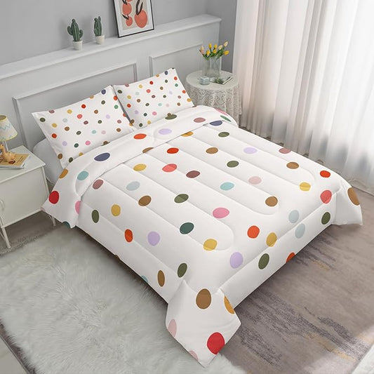 Colorful Polka Dots Comforter Set for Girls,Girly Kawaii Cartoon Bedding,King Size Multicolor Circles and White Comforter for Girls Women,Modern Geometry Bedding Set 1 Quilt 2 Pillowshams