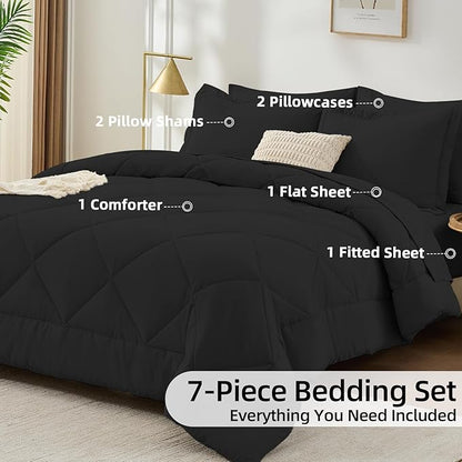 FUANNA 7 Pieces Queen Comforter Set, All Season Bed in a Bag Queen Size, Luxury Soft Bedding Sets with Comforter, Flat Sheet, Fitted Sheet, Pillowcases & Pillow Shams, Black