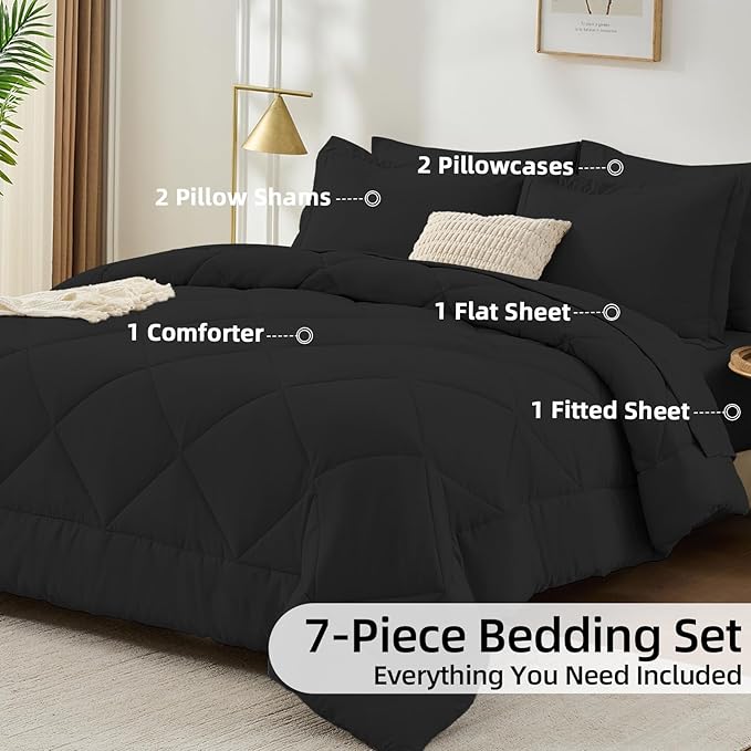 FUANNA 7 Pieces King Size Comforter Set, All Season Bed in a Bag King Size, Luxury Soft Bedding Sets with Comforter, Flat Sheet, Fitted Sheet, Pillowcases & Pillow Shams, Black