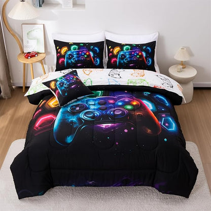 Aimuan Game Console Comforter Set for Boys Girls Kids Space Universe Gaming Geometric Lightweight Microfiber Gamer Bedding Sets (Black-Multi, Queen 6Pcs)