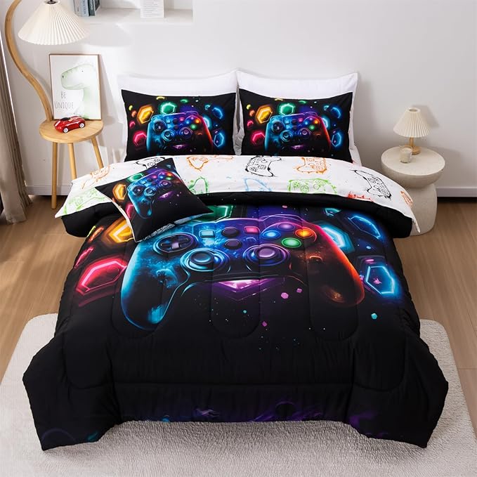 Aimuan Game Console Comforter Set for Boys Girls Kids Space Universe Gaming Geometric Lightweight Microfiber Gamer Bedding Sets (Black-Multi, Full 6Pcs)