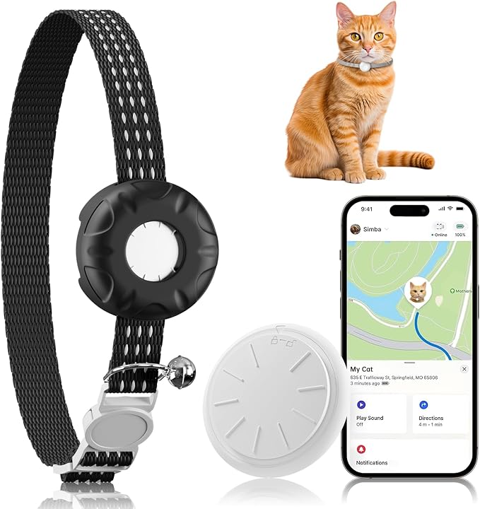 Cat Tracker, GPS Tracker, Compatible with Apple Find My App(Only iOS), Waterproof Pet Tracker with Safety Elastic Buckle, No Monthly Fee Cat Tracker Collar, Works with Any Collar (Black)