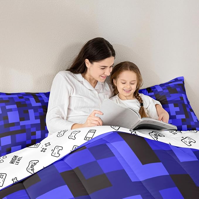 Pixelated Blocks Comforter Set Full Size,Army Camouflage Miners Game Kids Bedding Set,Geometric Grid Patchwork Quilt Comforter,Black Dark Blue Duvet Insert,2 Pillowcases