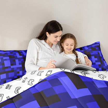 Pixelated Blocks Kid Comforter Set Queen Size,Army Camouflage Miners Game Bedding Set,Boy Room Decor,Geometric Grid Patchwork Quilt Comforter,Black Dark Blue Duvet Set Bedroom Quilt Set,2 Pillowcases