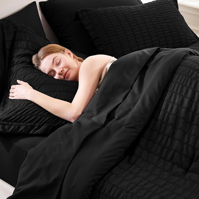 CozyLux Queen Comforter Set Black Seersucker 7 Pieces Bed in a Bag Queen Comforter Set with Sheets, Luxury Soft Bedding Set with Down Alternative Comforter, Sheets, Pillowcases & Shams for All Seasons
