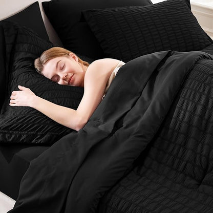 CozyLux Queen Comforter Set Black Seersucker 7 Pieces Bed in a Bag Queen Comforter Set with Sheets, Luxury Soft Bedding Set with Down Alternative Comforter, Sheets, Pillowcases & Shams for All Seasons