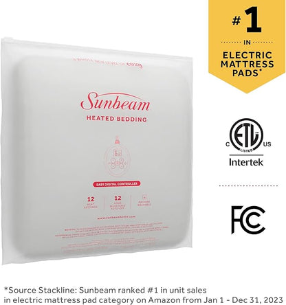 Sunbeam Electric Restful Quilted Heated Mattress Pad King 80" x 76" 12 Heat Settings 12-Hour Auto Shut-Off Extra-Cozy Fabric Deep Pocket Fit Machine Washable