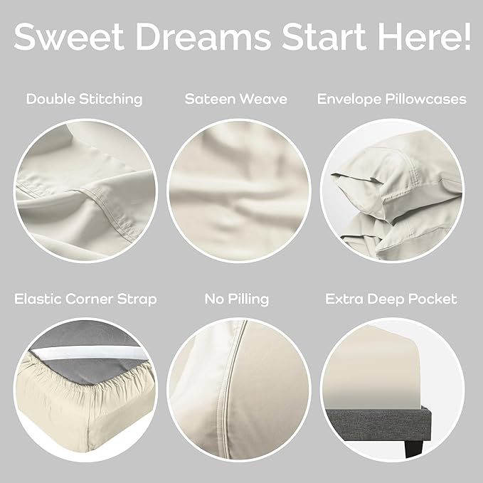 Viscose Bamboo Sheets Queen Size 4PC Set - Cooling Bedding for Hot Sleepers with Moisture Wicking Technology - Silky Soft 18 Inch Deep Pocket - Ivory 60"x 80"