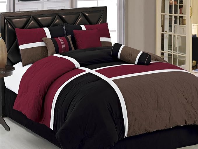 Chezmoi Collection Upland 7-Piece Quilted Patchwork Comforter Set, Burgundy/Black/Brown, Full