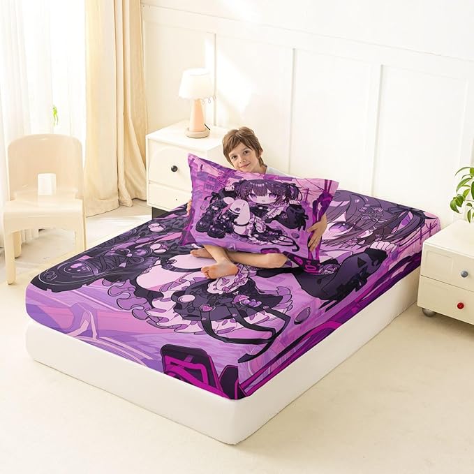 Erosebridal Kawaii Anime Girl Fitted Sheet Twin 3D Japanese Style Bed Sheets for Boys Girls Uniform Girls Bed Set Girly Anime Gift Sheets with 1 Pillowcase