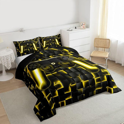 Erosebridal Geometric Gamepad Bed Comforter Set Gaming Bedding Sets Gamer Comforter Sets King Size for Kids Boys Teen,Black Gold Neon Lights Game Console Quilt Duvet 1 Comforter with 2 Pillow Cases