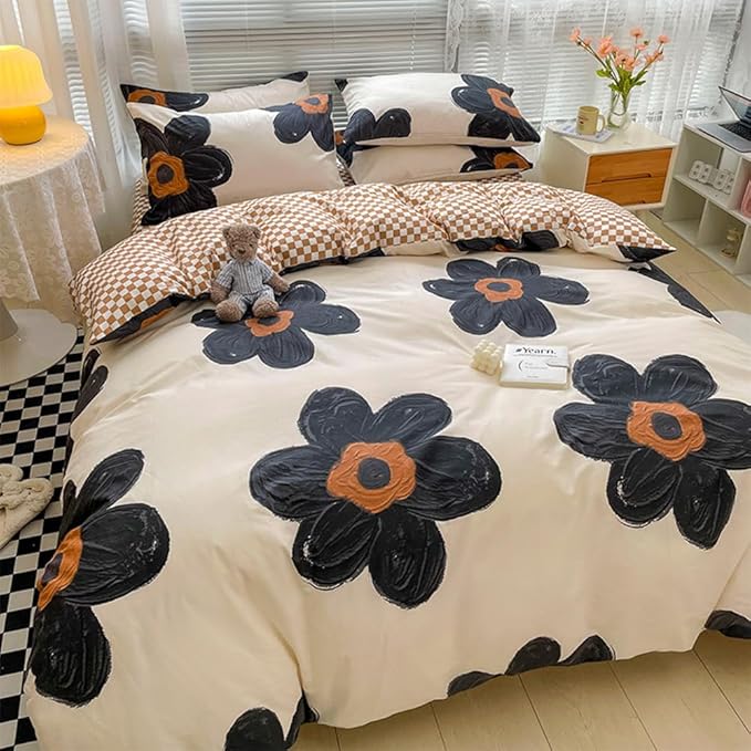 CLOTHKNOW Black Sunflower Full Size Comforter Sets Floral Bedding Comforter Sets Brown Plaid Comforter Beige Black Comforter with 2 x Pillow Cases
