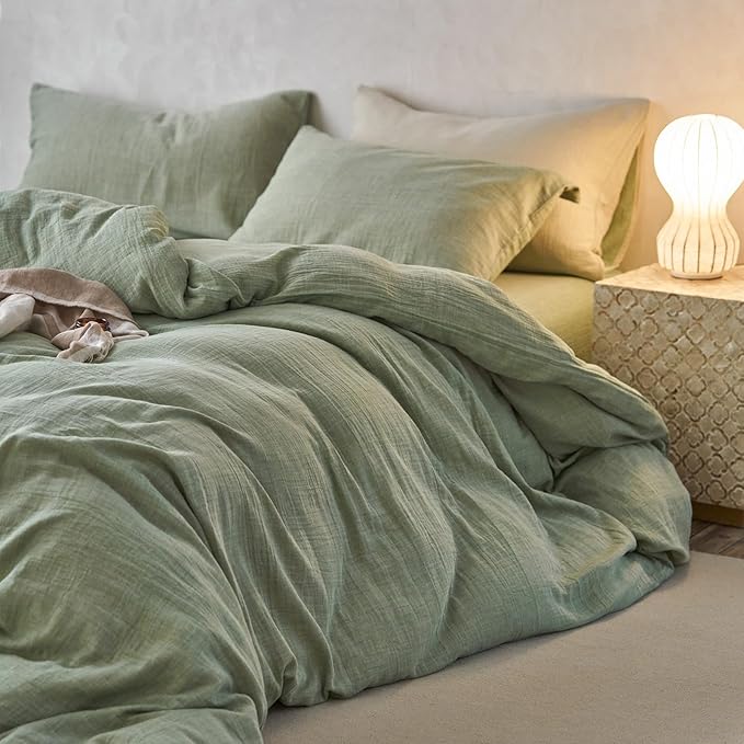 EAVD Solid Mint Green Duvet Cover Queen Soft Breathable 100% Cotton Muslin Linen Like Gauze Comforter Cover with 2 Pillowcases Modern Simple Mint Green Comforter Cover with Zipper Closure