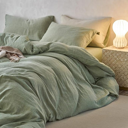EAVD Solid Color Mint Green Duvet Cover King Soft Breathable 100% Cotton Muslin Linen Like Gauze Bedding Comforter Cover with 2 Pillowcases Modern Simple Mint Green Comforter Cover with Zipper Closure