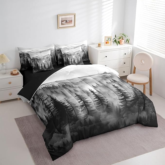 Erosebridal Grey Forest King Comforter Set 7 Piece Rustic Woodland Pine Tree Bedding Set for Kids Boys Adults Men,Jungle Smoky Mountain Bed in A Bag Retro Natural Landscape Sheet Set with Comforter