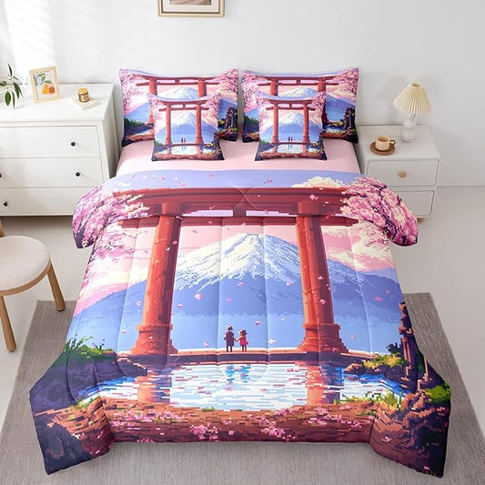 jejeloiu Pink Japan Bedding Set 7Pcs Queen Size Kids Anime Mount Fuji Comforter Set with Sheets for Boys Girls Pixel Bed in a Bag Soft Lightweight,Microfiber