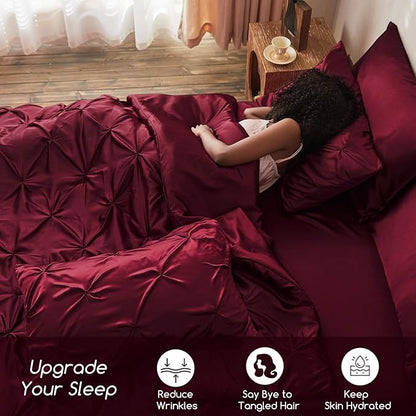 MR&HM Satin Comforter California King 7 Pieces Burgundy - Luxurious Pinch Pleat Bedding Set with Comforter, Flat Sheet, Fitted Sheet, Pillowcases & Shams, Super Silky Soft Bed Set for All Season
