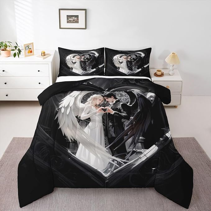 Erosebridal Angel Wings Kids Bedding | Black and White Angel Full Comforter Sets,Romance Love Comforter Princess Fairy Style Duvet Insert with 2 Pillow Cases
