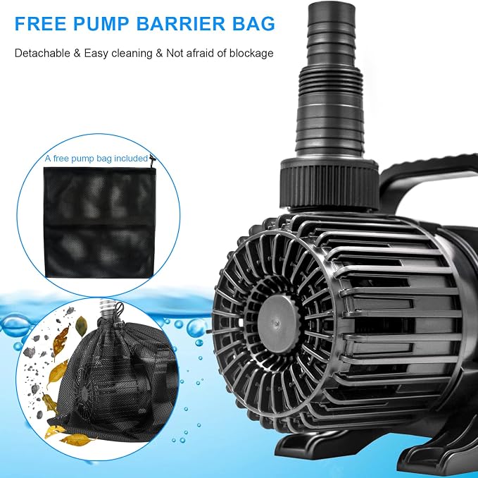 3000 GPH 155W IPX8 Submersible Pond Waterfall Pump | 32.8FT long power cord, smart quiet fountain pump for Koi fish, garden yard duck outdoor use, comes with barrier filter bag