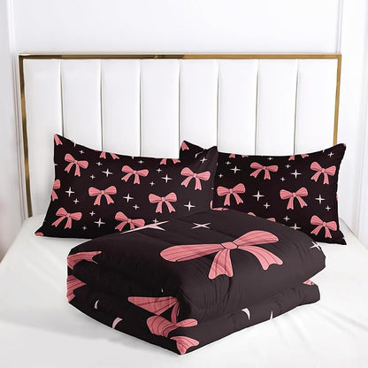 Pink Cute Bow Comforter Set for Girls,Twin Size Pink Bowknot and Stars Comforter,Colorful Bedding for Kids Boys Girls,Girly Kawaii Princess Themed Quilt Set 1 Comforter 2 Pillowcases