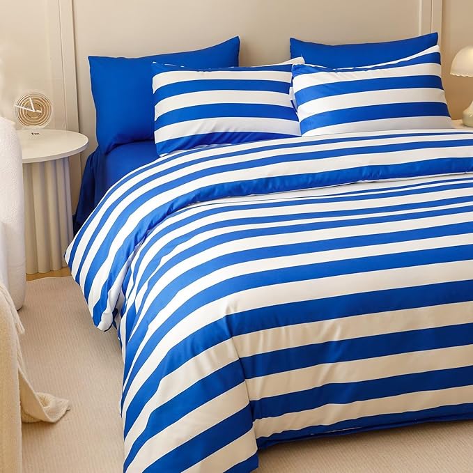 Houseri Blue Striped Comforter Set Full 3 Piece White and Blue Bedding Full Size Lightweight Modern Stripes Bed Set Soft Comfy Quilt Blanket Full