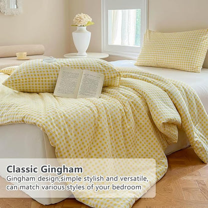 NSNLGSGC Yellow Gingham Cotton Comforter Set Queen, 100% Washed Cotton Plaid Checked Comforter Bedding, 3 Pieces Vintage Farmhouse Grid Bedding Set(Yellow Gingham, Queen)