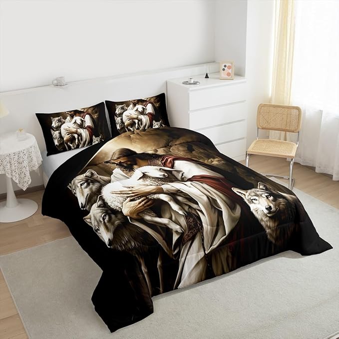Castle Fairy Wildlife Animals Comforter/Duvet Set King Size,Sheep and Wolf Ultra Soft Bed Collection,Rustic Farmhouse Bedding for Room Decor 3 Pcs,Microfiber Breathable