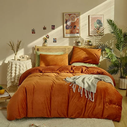 CLOTHKNOW Terracotta Velvet Twin/Twin XL Comforter Set 3Pcs Rust Fluffy Bedding Comforter Sets Soft Caramel Comforter with 2 x Pillow Cases
