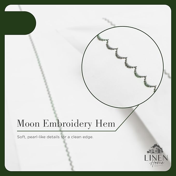 Linen Home 100% Cotton Percale Moon Scallop Hem Pillowcases Queen/Standard Size, Olive Green, 2 Pieces of Pillow Case, Crisp and Cool Strong Bed Linen, 20 inches X 30 inches