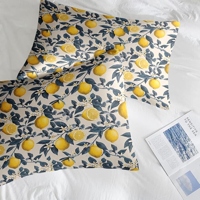 Comforter Set Full Size, Fruit Lemons Blue 7 Pcs Bedding for Kids and Adults, Leaves Brown Flower Bed Sheet Sets with Fitted Sheet 2 Pillowcase & 2 Sham for Bedroom Bed Decor