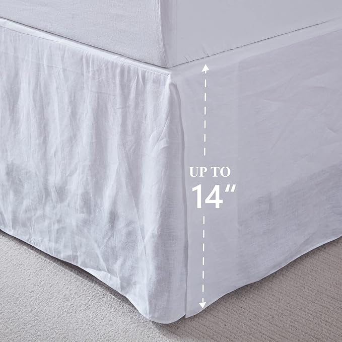 Simple&Opulence Belgian Linen Bed Skirt with Classic 14 inch Tailored Drop Dust Ruffle, Easy Fit Breathable Premium Natural Flax- Basic White, California King