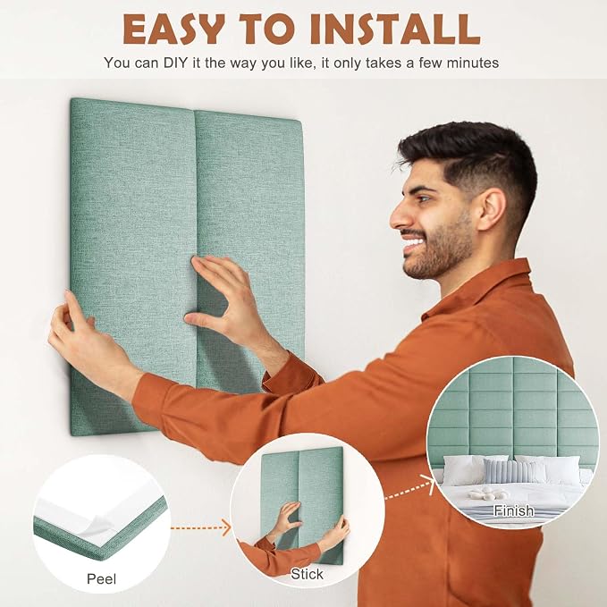 IFNOW Wall Mounted Headboard, Peel and Stick Panels, Grass Green, Queen | 3D Soundproof Acoustic Padding, Reusable and Removable Tufted fabric Bed Headboard for bedroom (9 Panels, 10" x 24")