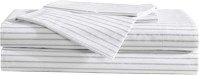 Eddie Bauer - Sheet Set, Luxurious Cotton Percale Bedding with Matching Pillowcases, Crisp & Cool, Fully Elasticized (Arden Stripe Grey, King)