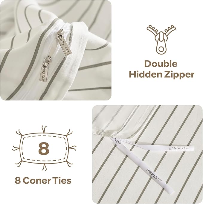 JELLYMONI Striped Duvet Cover Set - Twin Size 100% Cotton - 2PCS White & Grey Vertical Stripes Bedding - Hidden Zipper Closure & 8 Corner Ties - Breathable Comforter Cover for Bedroom