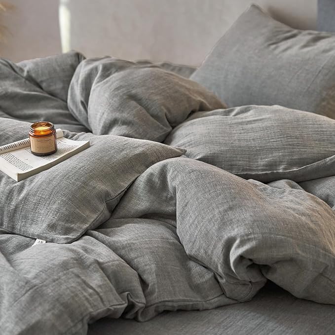 EAVD Dark Grey Duvet Cover Full Soft Breathable 100% Muslin Cotton Gauze Bedding Set with 2 Pillowcases Modern Simple Solid Dark Grey Bedding Set with Zipper Closure