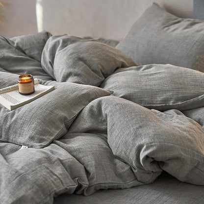 EAVD Dark Grey Duvet Cover Full Soft Breathable 100% Muslin Cotton Gauze Bedding Set with 2 Pillowcases Modern Simple Solid Dark Grey Bedding Set with Zipper Closure