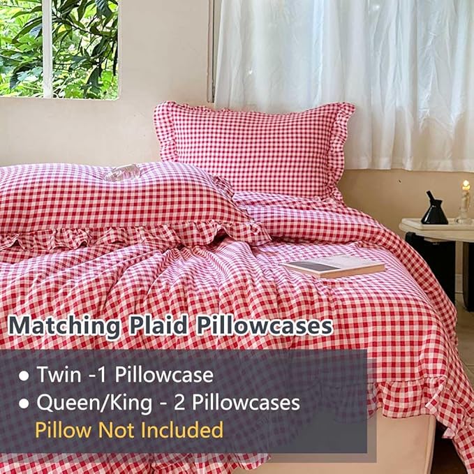 NSNLGSGC Red Ruffle Gingham Comforter Set Queen, Pre-Washed Ruffled Plaid Checked Comforter Bedding, 3 Pieces Vintage Farmhouse Grid Bedding Set(Red Gingham, Queen)