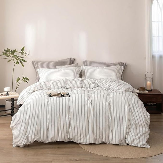 Stripe Duvet Cover Full Size 90inch x 80inch, 100% Washed Cotton Linen Feel Duvet Cover with Zipper Closure and 2 Pillowcases, Color of White-Dark Grey Stripe