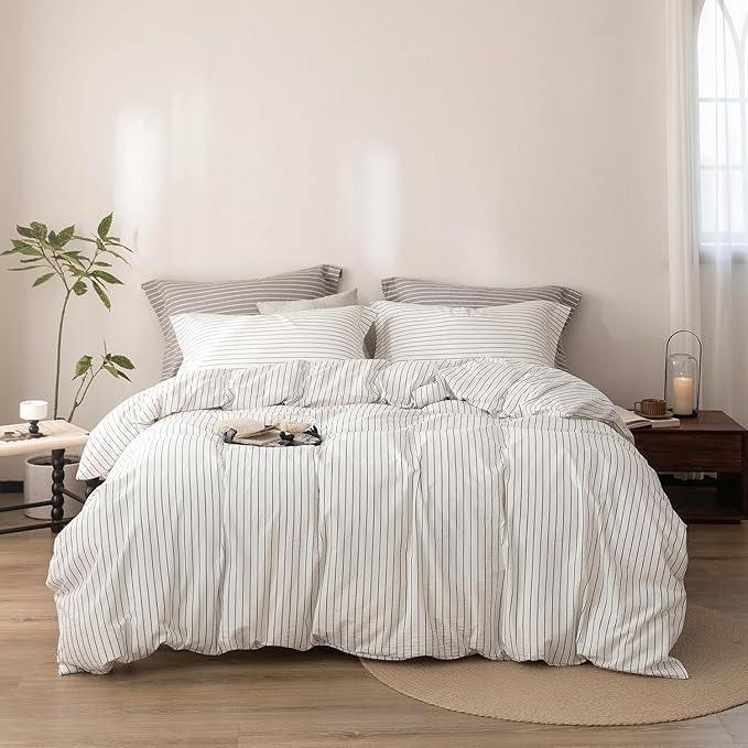 Stripe Duvet Cover California King Size 104inch x 98inch, 100% Washed Cotton Linen Feel Duvet Cover with Zipper Closure and 2 Pillowcases, Color of White-Dark Grey Stripe