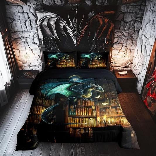 Dragon Bed Comforter Set Queen Size,Castle Bookshelf Super Soft Microfiber Bedding Set for Adults Men,Mysterious Magical Theme Decorative Comforter Set,3 Pcs