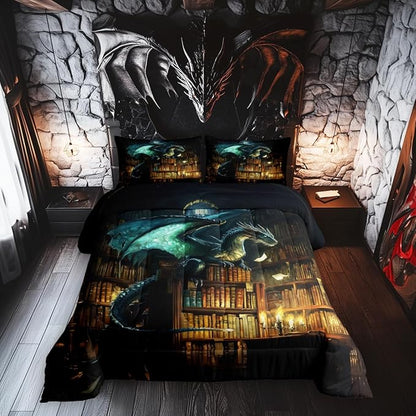 Dragon Boys Kids Comforter Set Full Size,Mysterious Magical Theme Duvet Set Room Decor,Castle Bookshelf Brushed Microfiber Soft Bedding Comforter