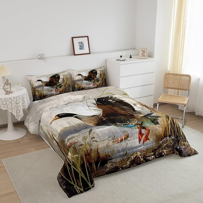 Feelyou Mallard Duck Bedding Set Boys Girls Wild Duck Hunting Comforter Set for Kids Women Men Soft Lodge Cabin Farmhouse Comforter Quilt Room Decor Toddler Size Duvet Set Boys