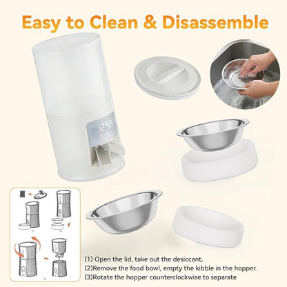 NEWBULIG Automatic Cat Feeder for 2 Cats, 6L Timed Pet Feeders, White | Dual Bowls, 25.3 Cups, 10s Voice Recorder, Dog Food Dispenser for Dry Food, 6 Meals/Day, 50 Portions/Meal, Dual Power Supply