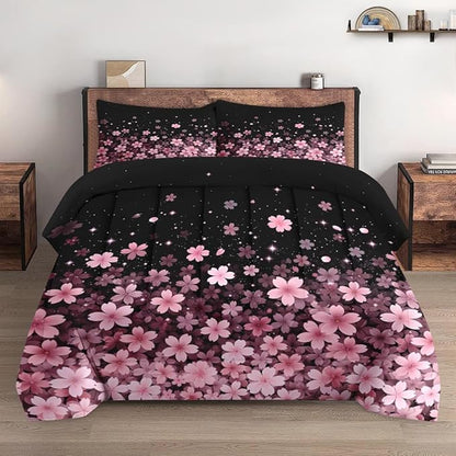 Full Size Comforter Set with 2 Pillowcases, Spring Cherry Pink Flower Tree Soft 3 Pcs Bedding for Kids and Adults Bedroom Bed Decor