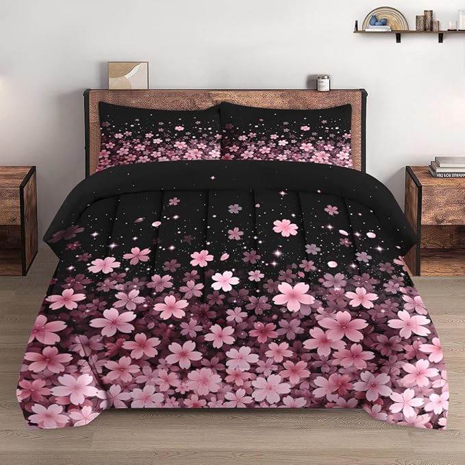 Queen Size Comforter Set with 2 Pillowcases, Spring Cherry Pink Flower Tree Soft 3 Pcs Bedding for Kids and Adults Bedroom Bed Decor