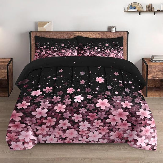 Queen Size Comforter Set with 2 Pillowcases, Spring Cherry Pink Flower Tree Soft 3 Pcs Bedding for Kids and Adults Bedroom Bed Decor