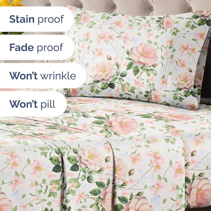 Floral Sheets - Pink Floral Rose Bed Sheet Set - 1 Flat, 1 Fitted & 1 Pillowcase w/ Deep Pockets - Comfy, Wrinkle & Fade-Free Boho Botanical Bedding - Soft, Breathable & Cooling - New Twin Size
