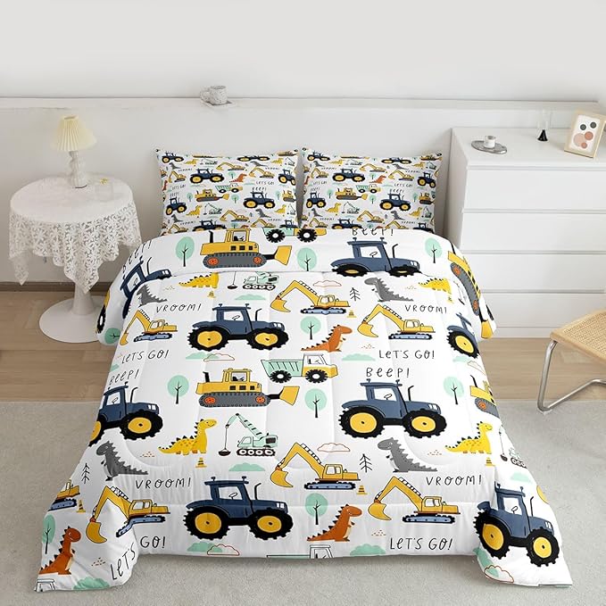 Kids Excavator Comforter Set Full, Cartoon Equipment Trucks Bedding for Boys Girls Children, Dinosaur Duvet Insert, Yellow Blue Construction Vehicle Down Comforter, Tractor Quilt Set Bedroom Decor